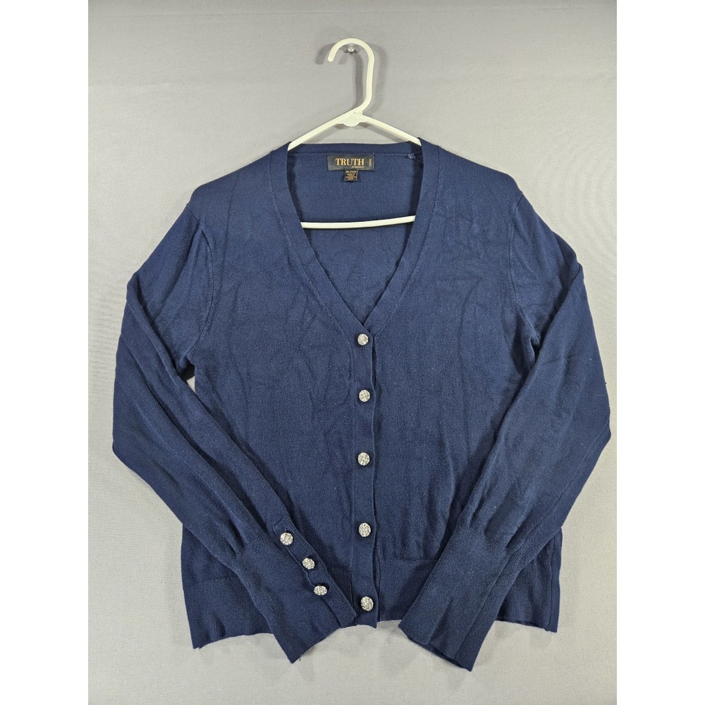 TRUTH Petite Large Navy Blue V-Neck Cardigan Sweater Rhinestone Buttons PL